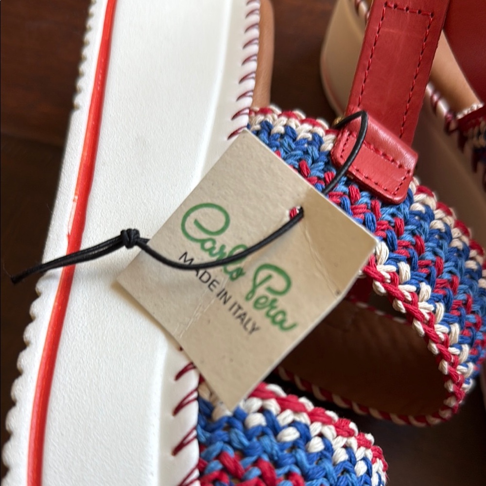 Italian Red, White & Blue Leather Woven Sandals - Picture 2 of 6